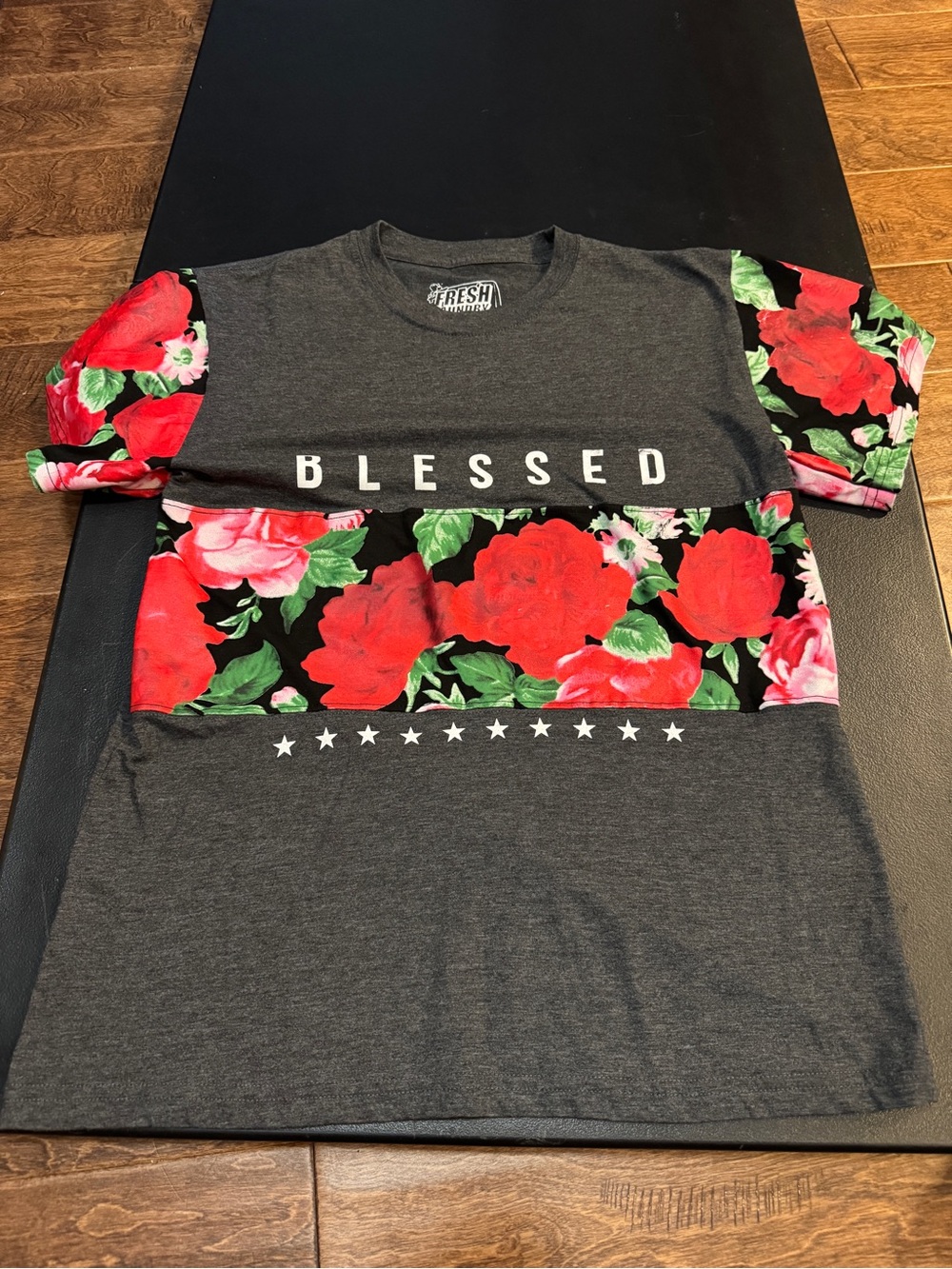 Fresh Laundry Blessed Floral Panel Tee - Charcoal with Red Roses